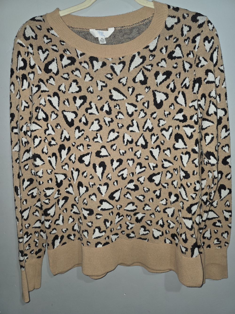 Time and Tru Cute Soft Tan Leopard Heart Print Crewneck Sweater-Medium